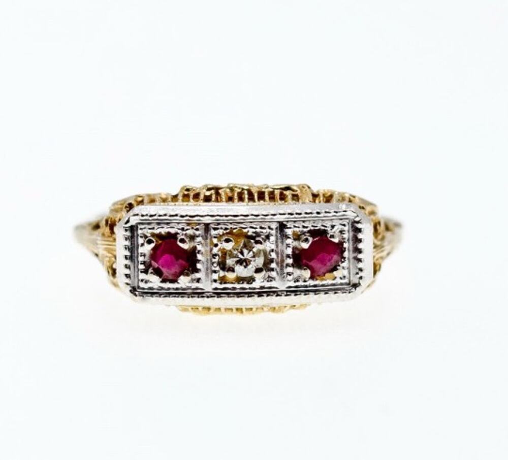 14K Yellow Gold Rubies & Diamond Ring Size 8